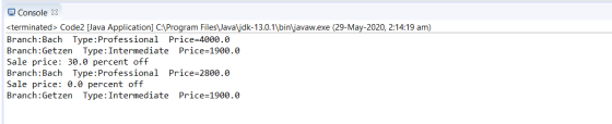 e Console X <terminated > Code2 [Java Application] C:\Program Files\Java\jdk-13.0.1\bin\javaw.exe (29-May-2020, 2:14:19 am) B
