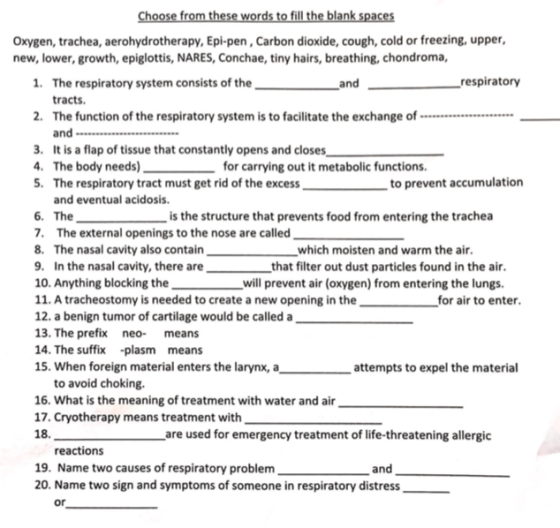 Oxygen, trachea, aerohydrotherapy, Epi-pen, Carbon dioxide, cough, cold or freezing, upper, new, lower, growth, epiglottis, N