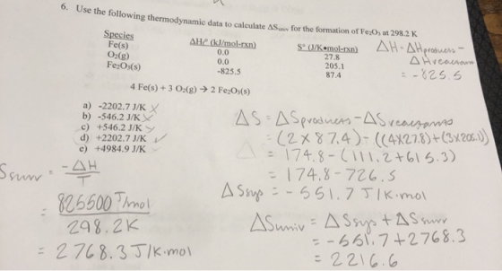 6. Use the following thermodynamic data to calculate me following thermodynamic data to calculate AS for the formation of Fe2