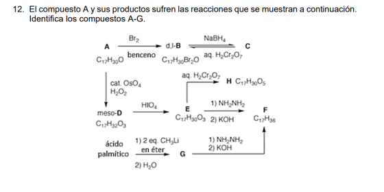 12. El compuesto A y sus productos sufren las reacciones que se muestran a continuación. Identifica los compuestos A-G. NaBH4