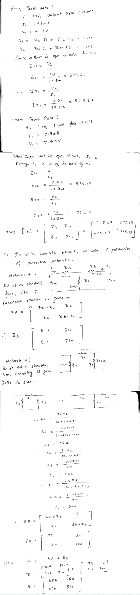from Table data: Vi = lov, output open cinquit, I, - 14.0mA d. 52 V ci Vi ZI, I + Ziz Iz V2 = Zz, I + Z22 I 2 coccii) Izio Si