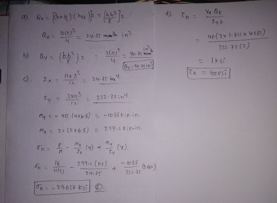d). て 40 (2x 333 x Ys83) 332 75 (2) ay,75 m.ms, in2. K @w.90.?sin Itx 3 1224s n my 299:2 (ト) l6 t(3 -less 332 (5-667) , Ok -2.63? ksi