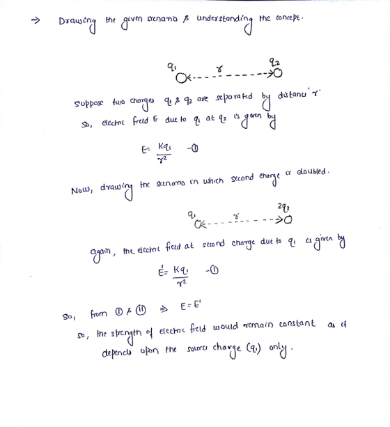 1.2 2 Nouw, drawn4 tc sunomo tn which sccond charte tr aloubled. Ck an, the elcchnt fed at seond charqe due to E- KO r2 so, he strn1th 엌 etechncfeld would ecmain constant as ef