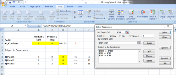 LPP Using Solver 1 - Microsoft Excel Page Layout Home Insert Formulas Data Review View K Clear E Connections A Properties Rea