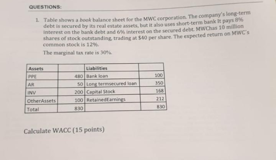 QUESTIONS: 1. Table shows a book balance sheet for the MWC corporation. The comp ce sheet for the MWC corporation. The compan