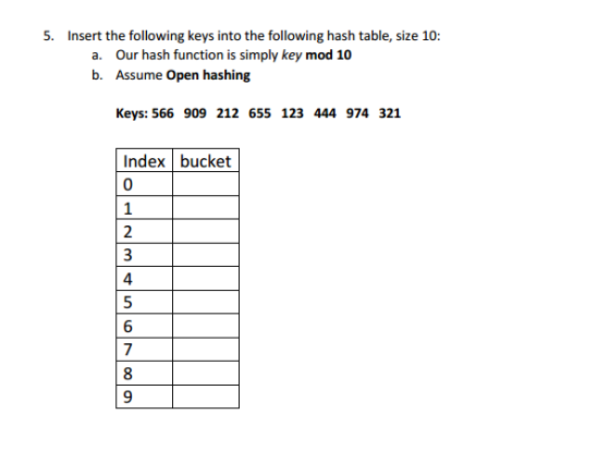 5. Insert the following keys into the following hash table, size 10: a. our hash function is simply key mod 10 b. Assume open hashing Keys: 566 909 212 655 123 444 974 321 Index bucket