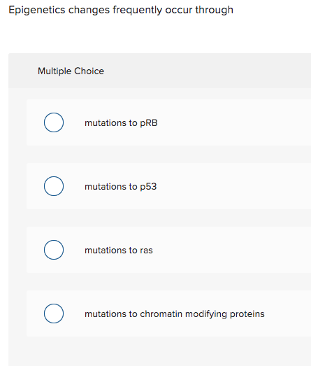 Epigenetics changes frequently occur through Multiple Choice О mutations to PRB mutations to p53 О mutations to ras mutations