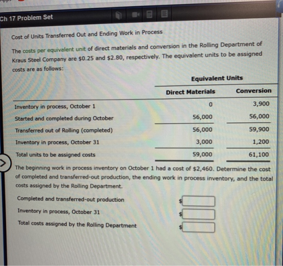 рр Ch 17 Problem Set Cost of Units Transferred Out and Ending Work in Process The costs per equivalent unit of direct materia