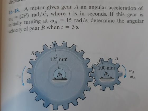 16-18. A motor gives gear A an angular acceleration of ay = (21) rad/sa, where t is in seconds. If this gear is dis: - initia