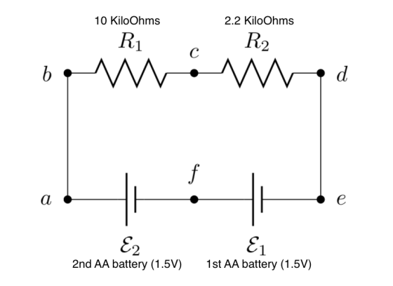 2.2 Kilo Ohms 10 Kilo Ohms R1 R2 E2 2nd AA battery (1.5V) E1 1st AA battery (1.5V)