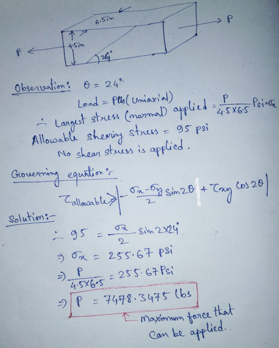 6.5im A 2 4.5im p applied - 1 BXGs Psico 4.586.5 Observation, o = 240 . Load = Plbs (Uniaxial) in Largest stress (normal) app