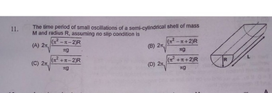 The time period of small oscillations of a semi-cylindrical shell of mass M and radius R, assuming no slip condition is 11. (x2 (B) 27,10-r+2)R 7tg 2 (T2 ++