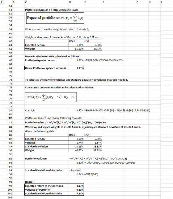 A1 53 54 Portfolio return can be calculated as follows: Expected portolioreturn, rp - W 57 59 Where w, and r are the weights and return of assets A Weight and returns of the stocks of the portfolio1 is as follows: 61 62 63 ROLL USR Expected Return Weights 1.00% 9.80% 66.67% 33.33% Hence Portfolio return is calculated as follows: Portfolio expected return 3.93% SUMPRODUCT(D64:E64,D63:E63) Hence Portfolio expected return is 3.93% 70 71 72 73 74 To calculate the portfolio variance and standard deviation covariance matrix is needed Co-variance between A and B can be calculated as follows: 76 Cov(A,B) 1.75%-SUMPRODUCT($DS4:SD$8,SES4:SES8-SD$26,F4:FB-E$26) 81 82 83 84 Portfolio variance is given by following formula Portfolio variance-w,ơ(%) + w,o(%) + 2(%)* (wo)Coy(A, B) where WA and we are weights of assets A and B, σΑ and Og are standard deviation of assets A and B. Given the following data: ROLL USR Expected Return Variance Standard Deviation Weight 1.00% 1.74% 13.19% 66.67% 9.80% 3.54% 18.82% 33.33% 87 91 92 93 Portfolio Variance 0.39% D90*D89)2t(E90*E89)2+2D90*E90*D80 95 Standard Deviation of Portfolio Sqrt(Var) 6.24% :SQRT(D93) 97 Hence Expected return of the portfolio Variance of Portfolio Standard Deviation of Portfolio 3.93% 0.39% 6.24% 100 101 102