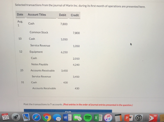 Selected transactions from the journal of Marin Inc. during its first month of operations are presented here. Date Account Titles Debit Credit Aug Cash 7,800 Common Stock 7,800 10 Cash 1,050 Service Revenue 1,050 12 Equipment 6,250 Cash 2,010 Notes Payable 4,240 25 Accounts Receivable 3,450 Service Revenue 3,450 31 Cash 430 Accounts Receivable 430 Post the transactions to T-accounts. (Post entries in the order of journal entries presented in the question.) 20