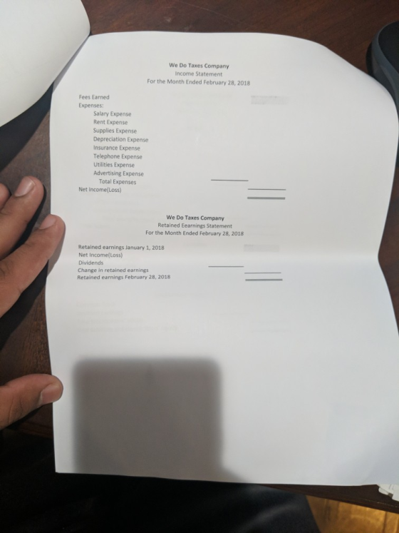 We Do Taxes Company Income Statement For the Month Ended February 28, 2018 Fees Earned Expenses: Salary Expense Rent Expense