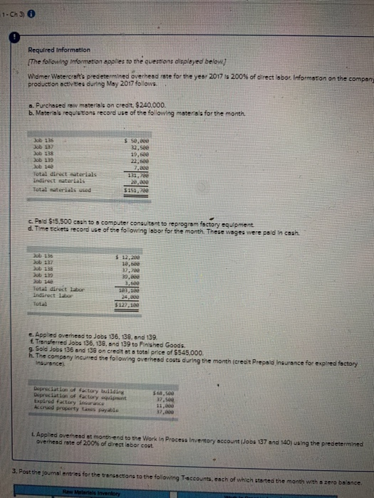 1- Ch 3 Required Information [The following Information applies to the questions displayed below Widmer Watercrafts predeter