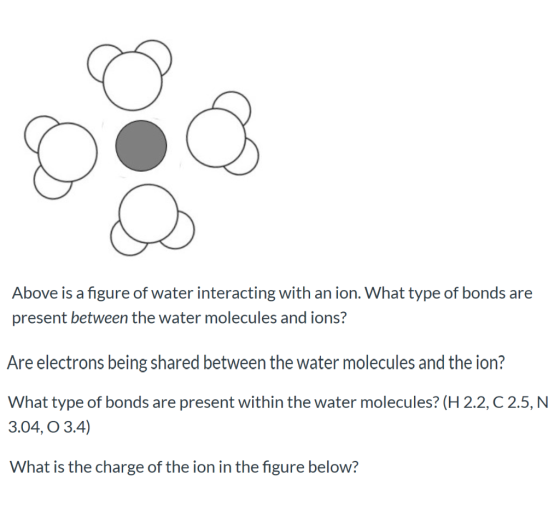 Above is a figure of water interacting with an ion. What type of bonds are present between the water molecules and ions? Are