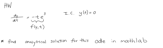 HW ty --te I.C. y(o) = 0 fly,t). & find analytical solution for this ode in math lab
