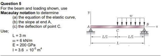 Question5 For the beam and loading shown, use Macaulay notation to determine L0 (a) the equation of the elastic curve, (b) th