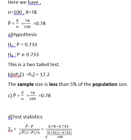 Here we have n=100 X=78 X 78 Ô == =0.78 n 100 a) Hypothesis Ho: P = 0.733 Ha: P = 0.733 This is a two tailed test. b)nP.(1 -P