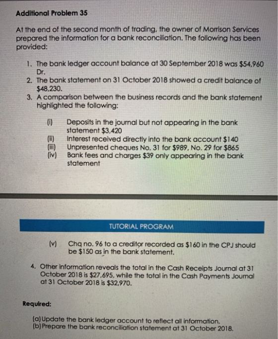 Additional Problem 35 At the end of the second month of trading, the owner of Momison Services prepared the information for a