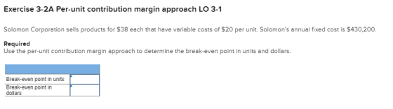 Exercise 3-2A Per-unit contribution margin approach LO 3-1 Solomon Corporation sells products for $38 each that have variable