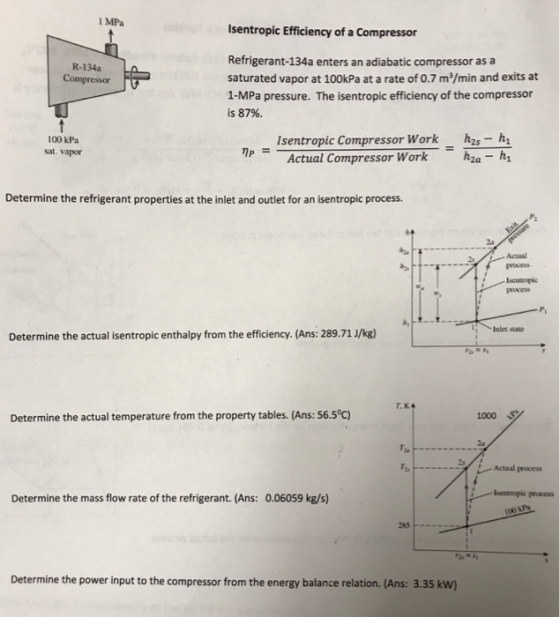 1 MPa Isentropic Efficiency of a Compressor Refrigerant-134a enters an adiabatic compressor as a saturated vapor at 100kPa at a rate of 0.7 m/min and exits at 1-MPa pressure. The isentropic efficiency of the compressor is 87%. R-134a Compressor Isentropic Compressor Work hs-h 100 kPa sat. vapor Actual Compressor Work Determine the refrigerant properties at the inlet and outlet for an isentropic process. Actual 2s entropic procEss Inlet state Determine the actual isentropic enthalpy from the efficiency. (Ans: 289.71 J/kg) Determine the actual temperature from the property tables.(Ans: 56.5°c) 1000 Actul proces Isentropic process Determine the mass flow rate of the refrigerant. (Ans: 0.06059 kg/s) 100 kPa Determine the power input to the compressor from the energy balance relation. (Ans: 3.35 kw)