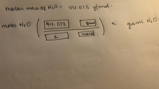 molar mass of N2O 44.013 g/mol. moles N20 (144.013 grams [1] [moles) rams N₂0