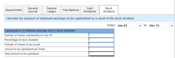 Requirement General Journal General Ledger Trial Balance Cash Dividends Stock Dividend Calculate the amount of retained earni