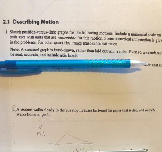2.1 Describing Motion 1. Sketch position-versus-time graphs for the following motions. Include a numerical scale on both axes with units that are reasonable for this motion. Some numerical information is give in the problems. For other quantities, make reasonable estimates. Note: A sketched graph is hand-drawn, rather than laid out with a ruler. Even so, a sketch mu be neat, accurate, and include axis labels. ume that al Sun b. A student walks slowly to the bus stop, realizes he forgot his paper that is due, and quickly waiks home to get it.
