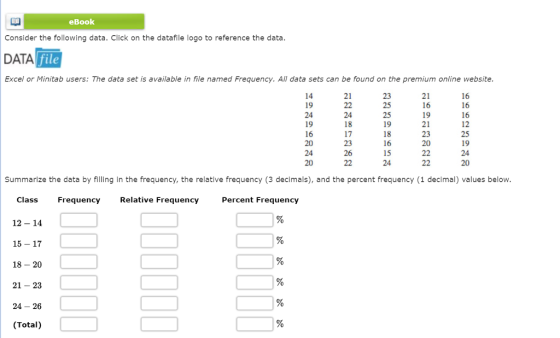 eBook Consider the following data. Click on the datafile logo to reference the data DATA file Excel or Minitab users: The data set is available in file named Frequency. All data sets can be found on the premium online website 14 19 24 21 21 16 23 25 25 16 16 16 12 24 18 17 21 23 20 16 18 16 15 24 19 24 26 20 Summarize the data by filling in the frequency, the relative frequency (3 decimals), and the percent frequency (1 decimal) values below Class Frequency Relative Frequency Percent Frequency 12-14 15- 17 18- 20 21- 23 24-26 (Total)