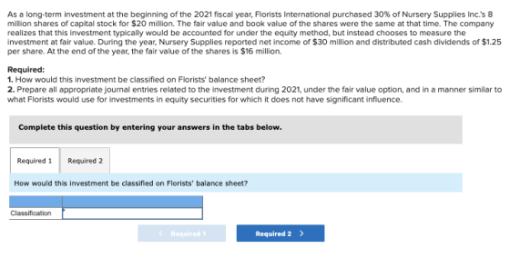 As a long-term investment at the beginning of the 2021 fiscal year, Florists International purchased 30% of Nursery Supplies
