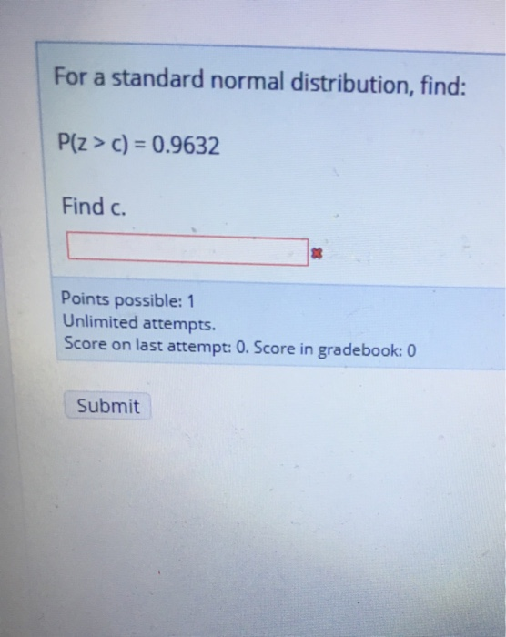For a standard normal distribution, find: Plz> c) = 0.9632 Find c. Points possible: 1 Unlimited attempts. Score on last attem
