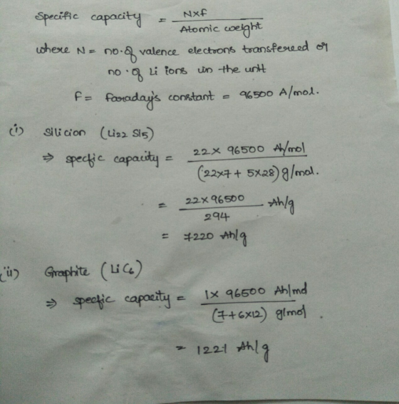 Specific Atomic uoe bt uheXL N= o-A valence electrons trons pewood e no、a Li tors un the unt f= foradat constant A/mol %500 22x %500 4 hol. (324 + 5x29) almal ら specge capacity Ah/ 294 = 千220 thlg i Graphite (u)