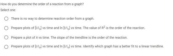How do you determine the order of a reaction from a graph? Select one: There is no way to determine reaction order from a gra