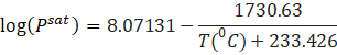 log(psat) = 8.07131 - 1730.63 T(°C) + 233.426-