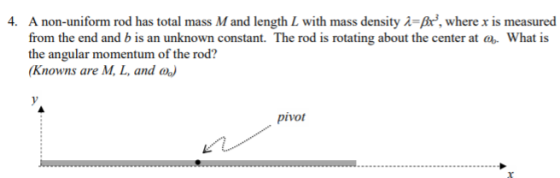 4. A non-uniform rod has total mass M and length L with mass density a=Br, where x is measured from the end and b is an unkn
