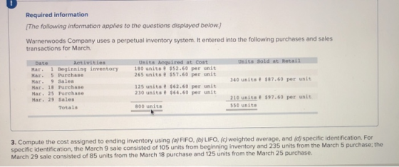Required information [The following information applies to the questions displayed below.) Warnerwoods Company uses a perpetu
