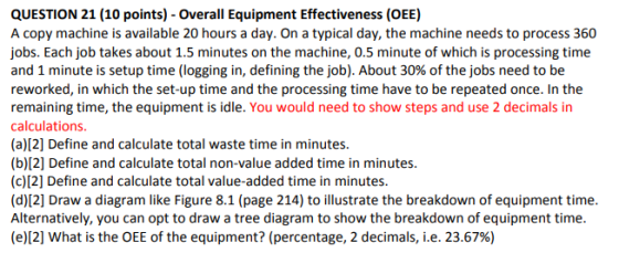 QUESTION 21 (10 points) Overall Equipment Effectiveness (OEE) A copy machine is available 20 hours a day. On a typical day, the machine needs to process 360 jobs. Each job takes about 1.5 minutes on the machine, 0.5 minute of which is processing time and 1 minute is setup time (logging in, defining the job). About 30% of the jobs need to be reworked, in which the set-up time and the processing time have to be repeated once. In the remaining time, the equipment is idle. You would need to show steps and use 2 decimals in calculations. (a)[2] Define and calculate total waste time in minutes. (b)[2] Define and calculate total non-value added time in minutes. (c)[2] Define and calculate total value-added time in minutes. (d)[2] Draw a diagram like Figure 8.1 (page 214) to illustrate the breakdown of equipment time Alternatively, you can opt to draw a tree diagram to show the breakdown of equipment time. (e)[2] What is the OEE of the equipment? (percentage, 2 decimals, ie. 23.67%)