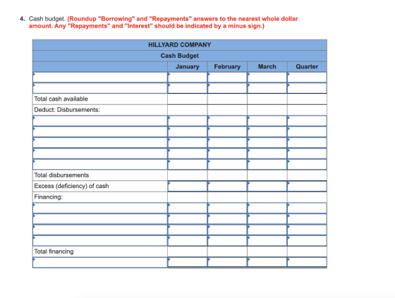4. Cash budget. (Roundup Borrowing and Repayments answers to the nearest whole dollar amount. Any Repayments and Inter