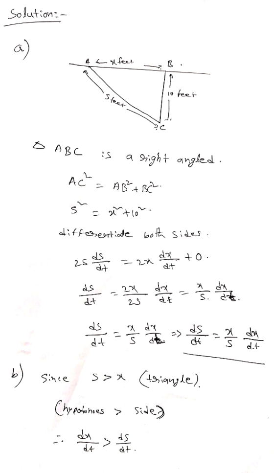solution : - Acrefeet - •Sfeet 10 feet O ABC is a right angled. AC² = A5+ Bc. 3= antior. diffesearticute both sides. 2st - ex
