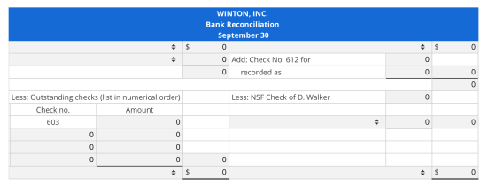 WINTON, INC. Bank Reconciliation September 30 0 $ $ 0 0 0 Add: Check No. 612 for 0 recorded as 0 0 0 Less: NSF Check of D. Wa