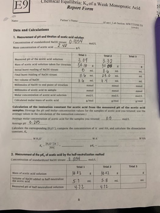 Chemical Equilibria: K, of a Weak Monoprotic Acid Report Form Name: Partners Name: (if any) Lab Section MWITTHM-TH (Circle)