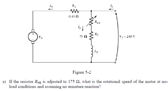 0 0.19 Ω Radj 75Ω V 240 V Lf Figure 5-2 a) If the resistor Radj is adjusted to 175 Ω, what is the rotational speed of the mot