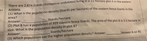 ng in a 11-hectare plot A in the eastern There are 2.674 lizards (Sceloporus undulates) living in a 11-hectare plot Arizona.