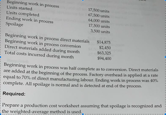 Beginning work in process Units started Units completed Ending work in process Spoilage 17,500 units 67,500 units 64,000 unit