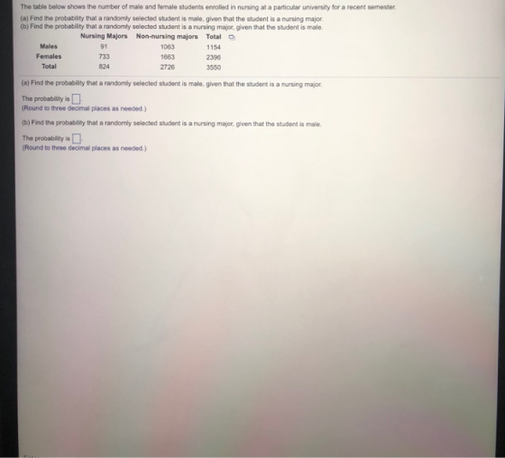 The table below shows the number of male and female students enrolled in nursing at a particular university for a recent semester. (a) Find the probability that a randomly selected student is male, given that the student is a nursing major (b) Find the probability that a randomly selected student is a nursing major, given that the student is male. Males Females Total Nursing Majors Non-nursing majors Total 1154 2396 3550 91 733 824 1063 663 2726 (a) Find the probability that a randomly selected student is male, given that the student is a nursing major The probability is (Round to three decimal places as needed.) (b) Find the probability that a randomly selected student is a nursing major, given that the student is male The probability is Round to three decimal places as needed.)