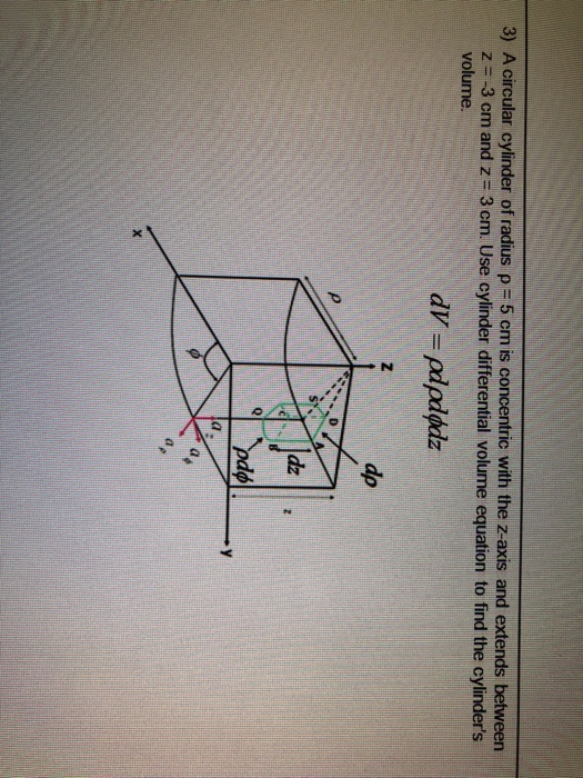 3) A circular cylinder of radius p = 5 cm is concentric with the z-axis and extends between 2= -3 cm and z = 3 cm. Use cylind