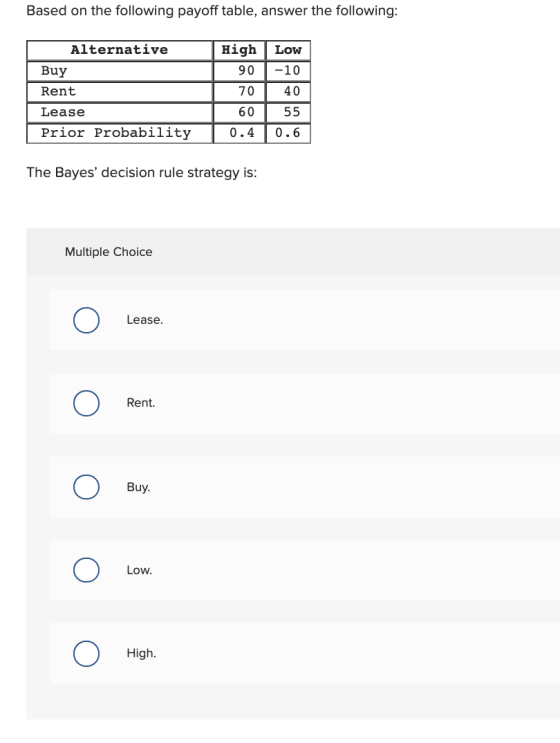 Based on the following payoff table, answer the following: Alternative Buy Rent High Low 90 -10 70 40 60 55 0.4 0.6 Lease Pri