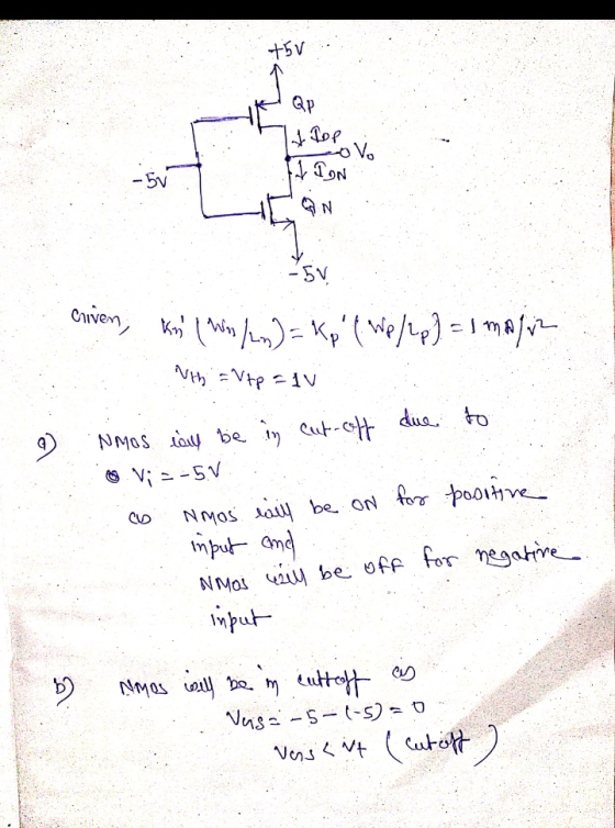 +5v Qp | Тое Vo - 5V AION an -5v criven, Kn (Wis/m) = Kp (Wp /2p] = 1 mali = Vtp = 1v CU NMOS lay be in cut-off due to Vi =